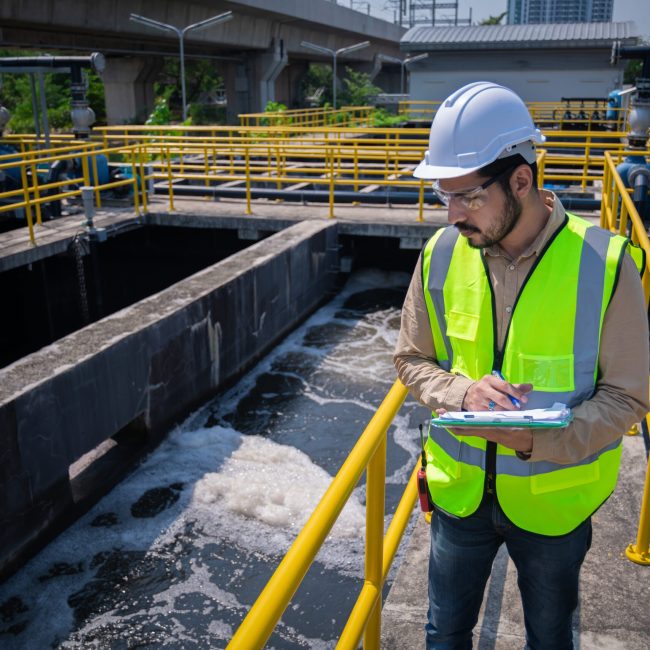 Engineer,Take,Water,From,Wastewater,Treatment,Pond,To,Check,The